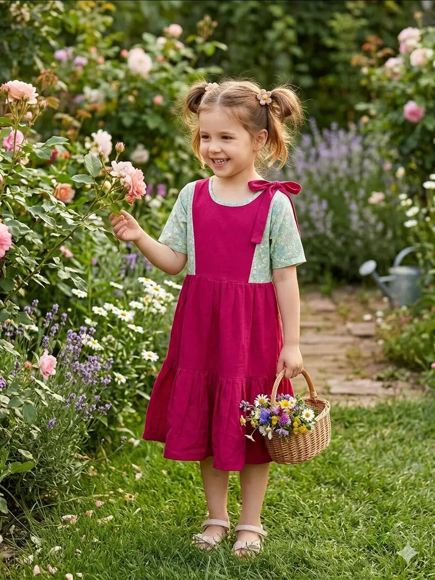 Girls Deep Rose Pink cotton Flared Frock with Mint Green Floral Panels