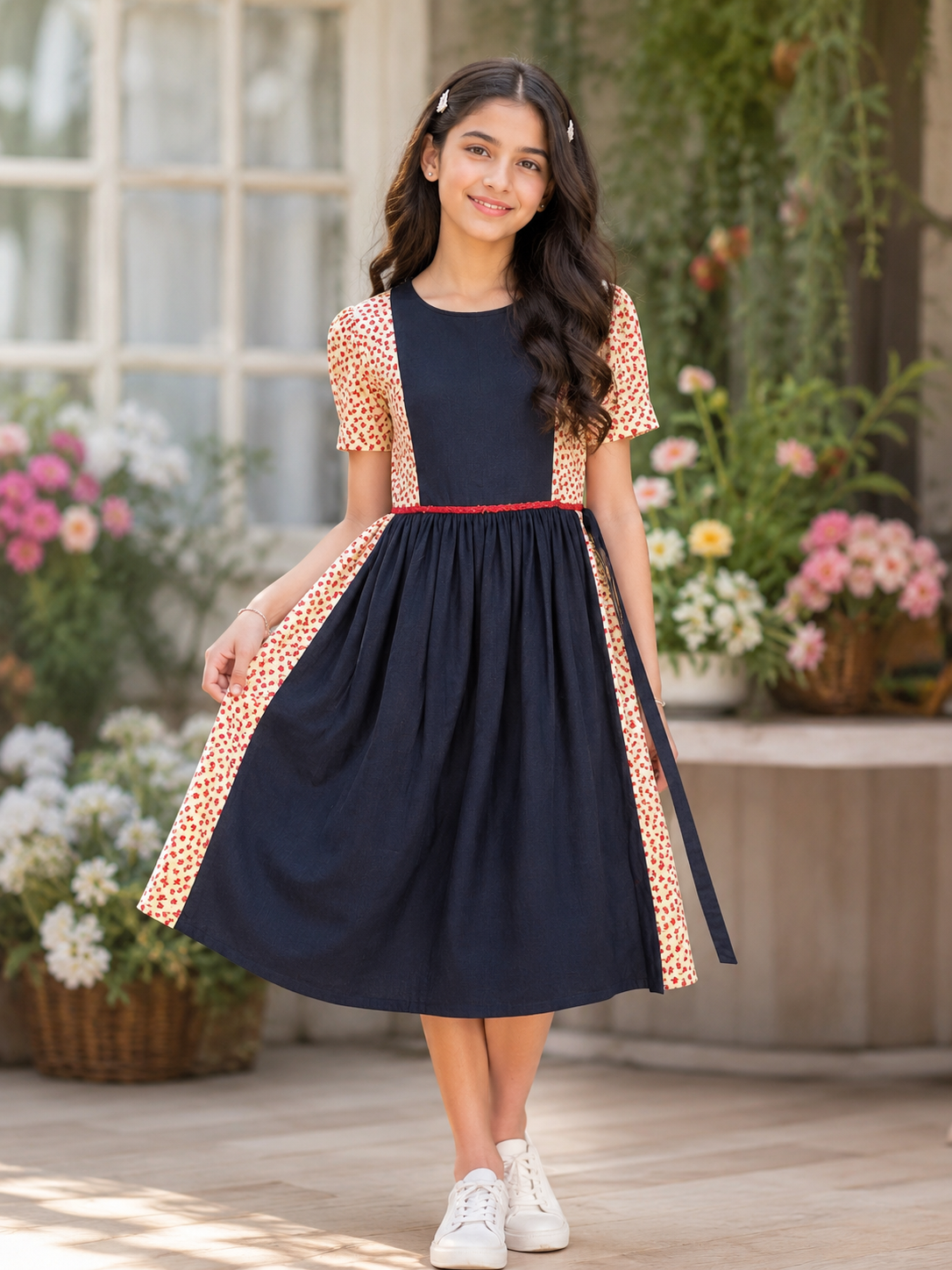 Girls Navy Blue Georgette Flared Frock with Ivory Floral Panels and Short Sleeves