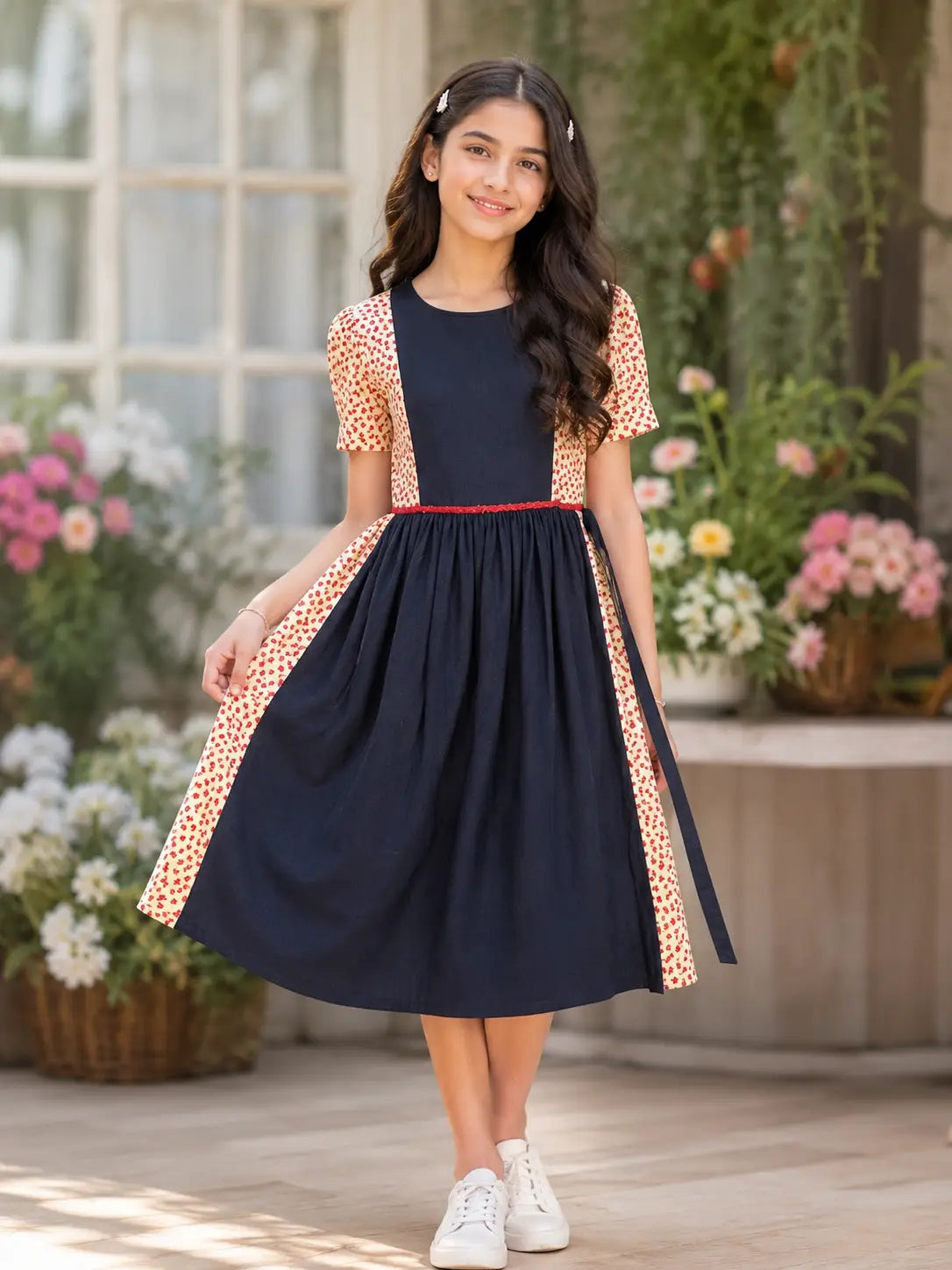 Girls Navy Blue cotton Flared Frock with Ivory Floral Panels and Short Sleeves