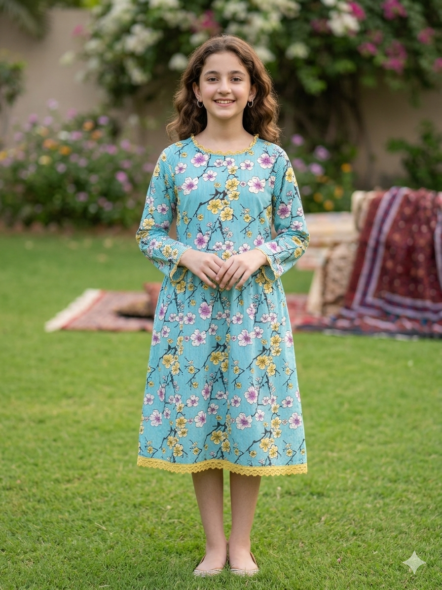 Young girl wearing long sleeve floral printed dress with yellow lace trim on aqua blue background.