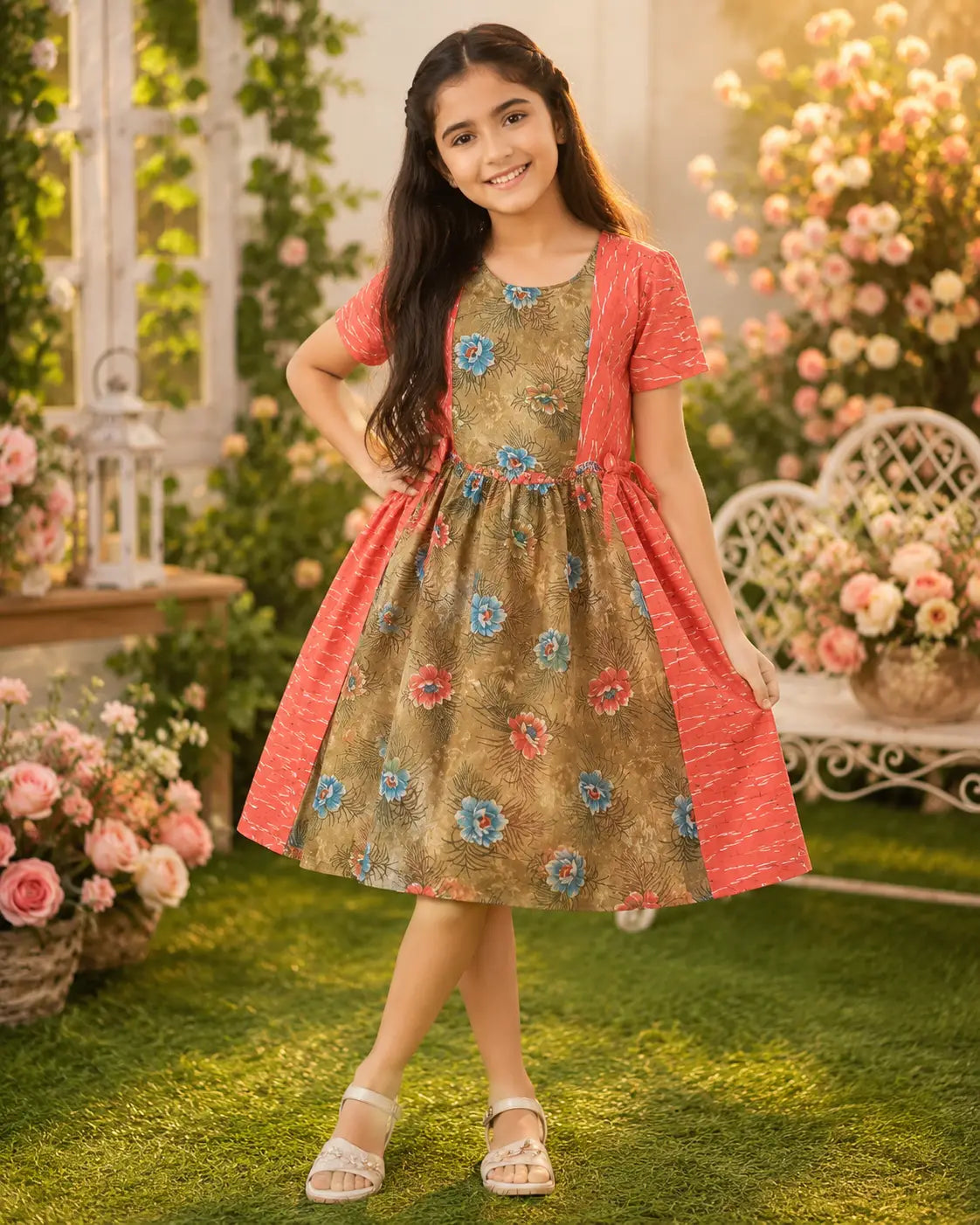 Girls Olive Green Animal Print cotton Flared Frock