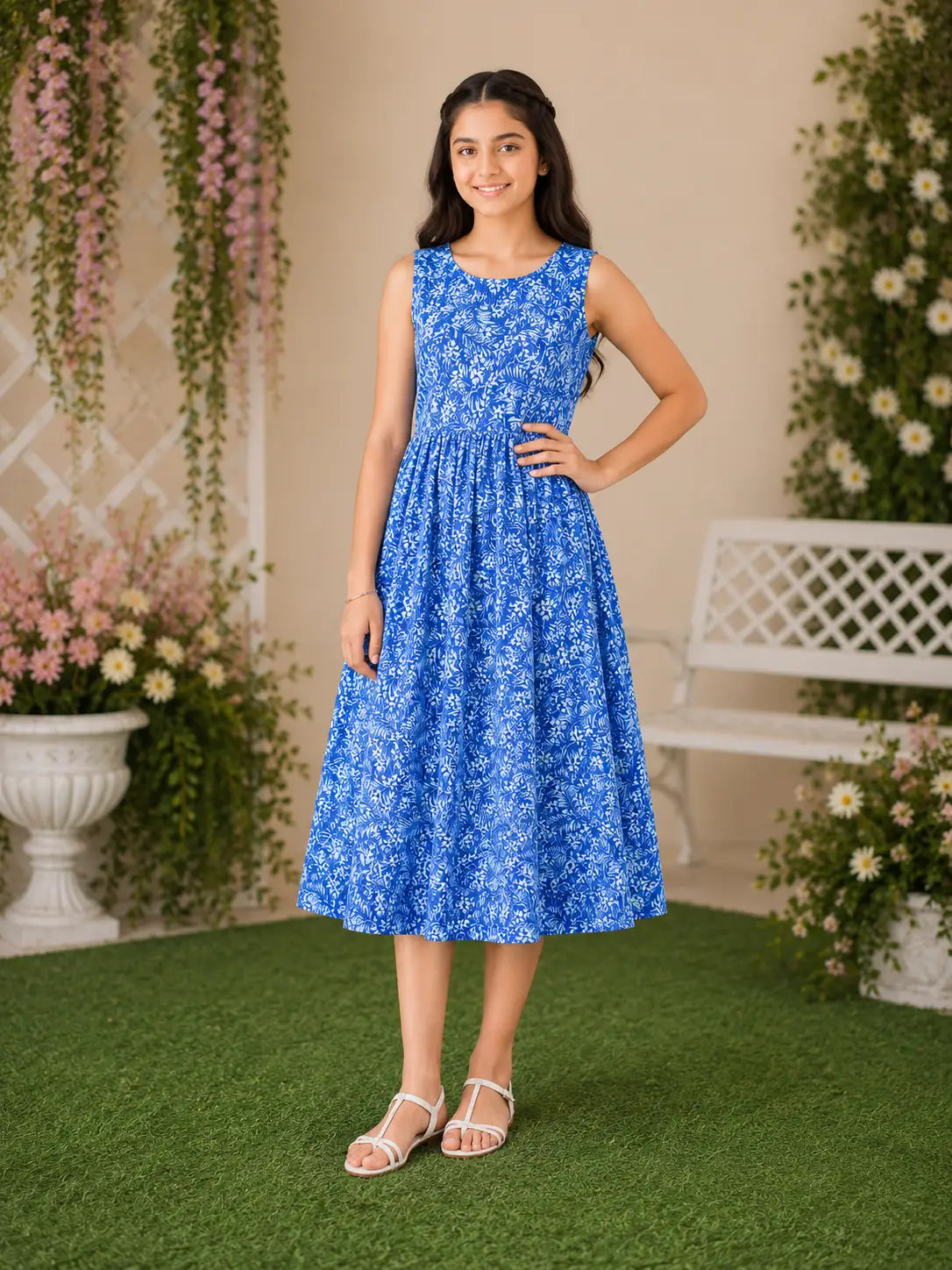 Girls Ocean Blue Tropical Printed cotton Sleeveless Dress