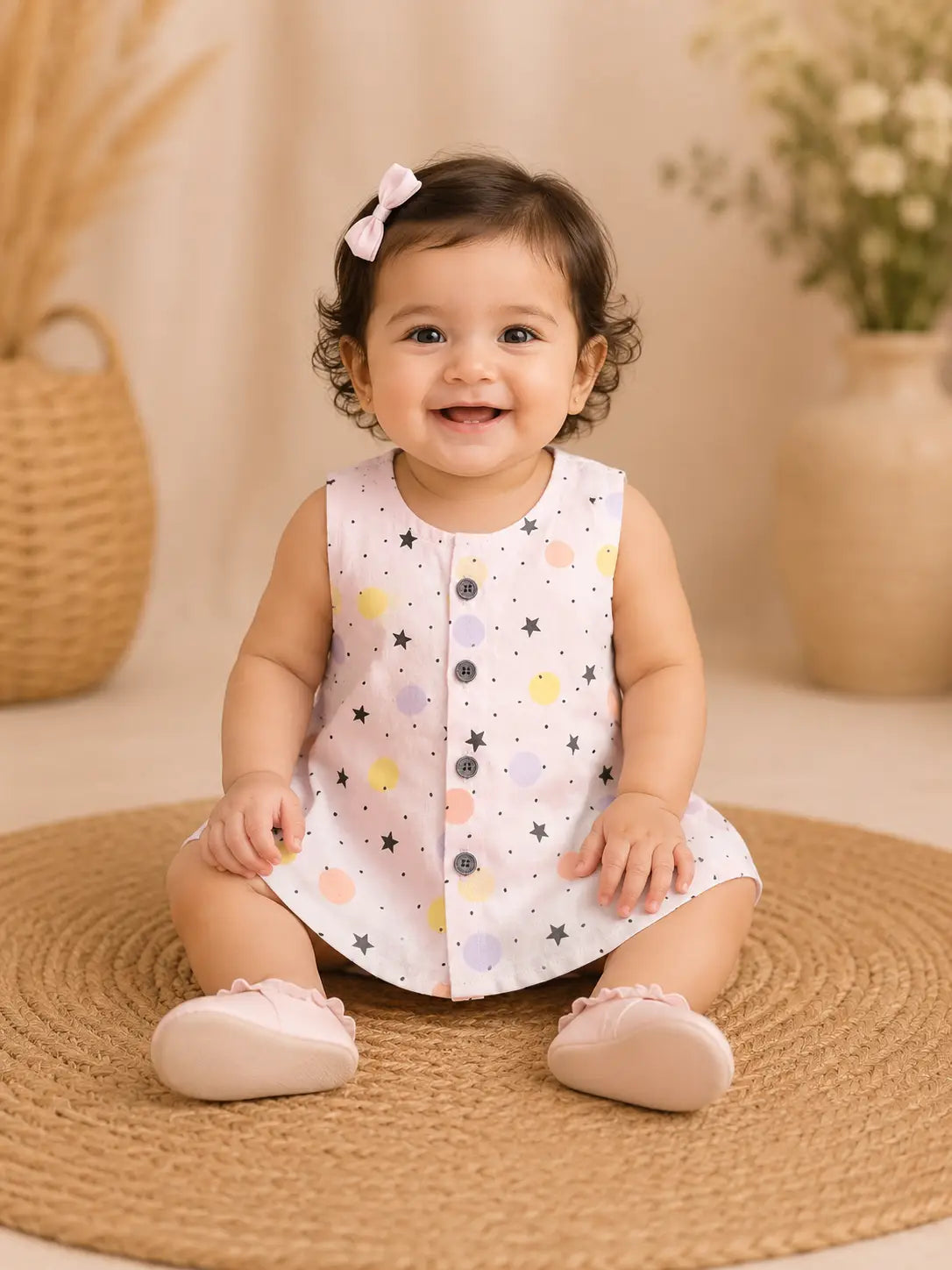 Girls Round neck Pastel Pink Star & Polka Dot Sleeveless cotton frock
