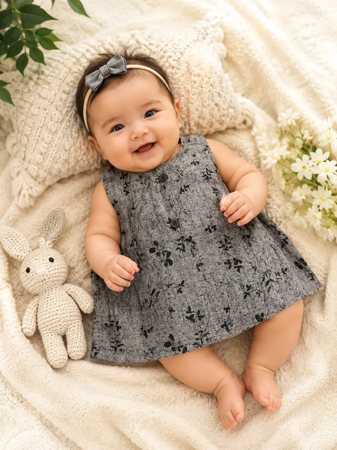 Girls Round neck Charcoal Grey Floral Print Sleeveless A-Line cotton frock