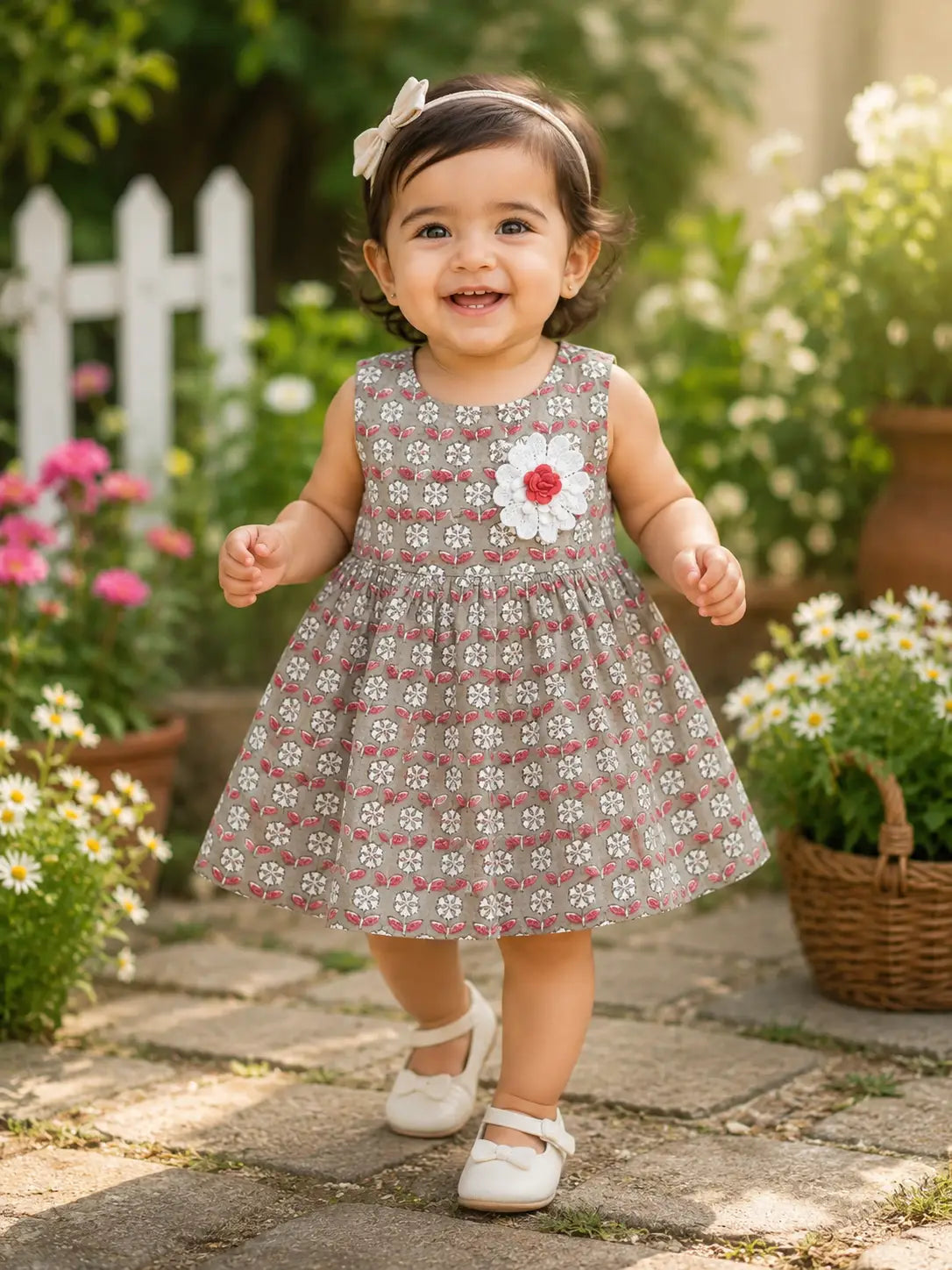 Girls  round neck Sage Green Floral Print Sleeveless Fit & Flare Cotton frock