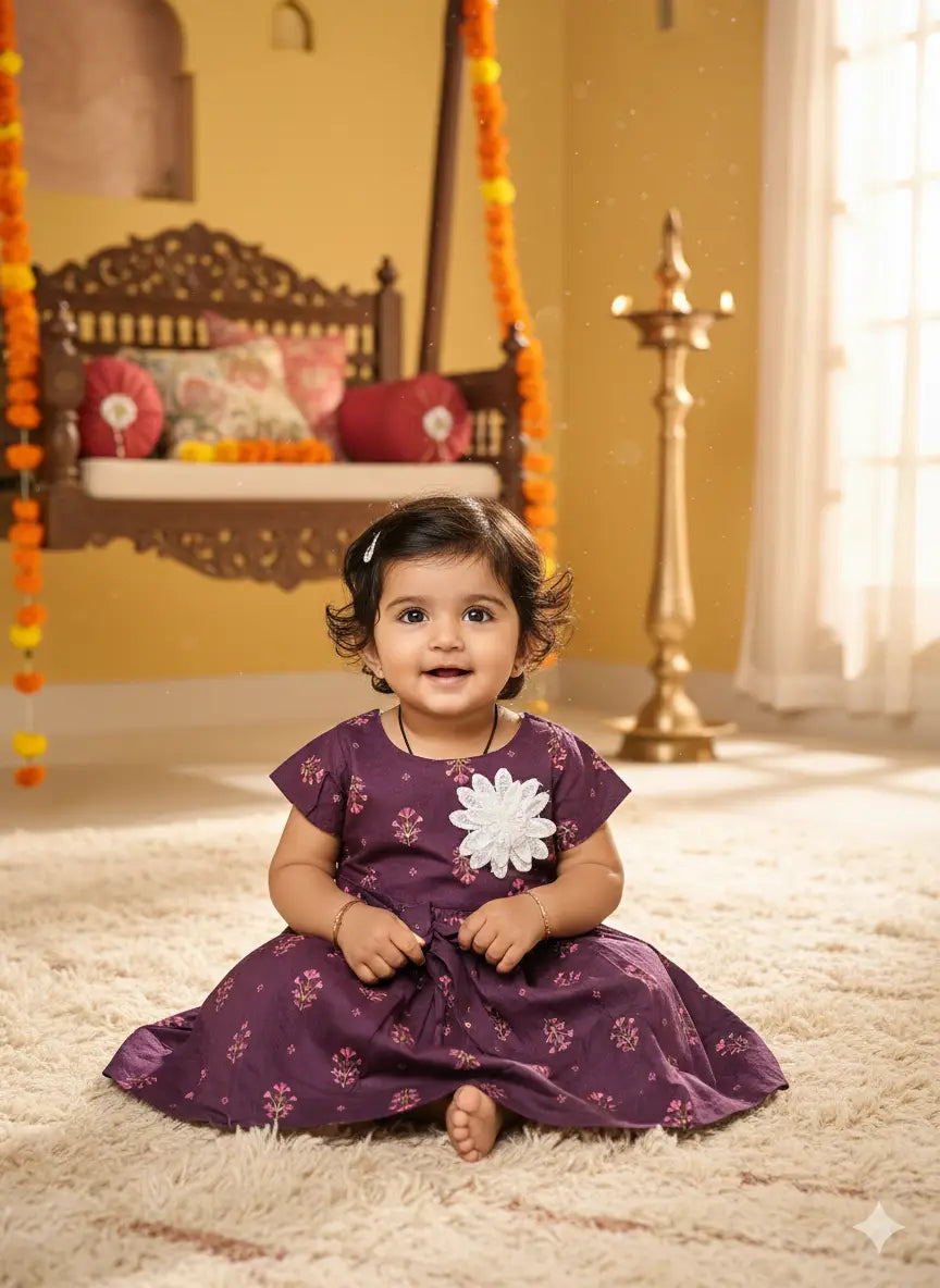 Baby Girls Round neck Purple Floral Printed Cotton Frock Dress with Flower Applique