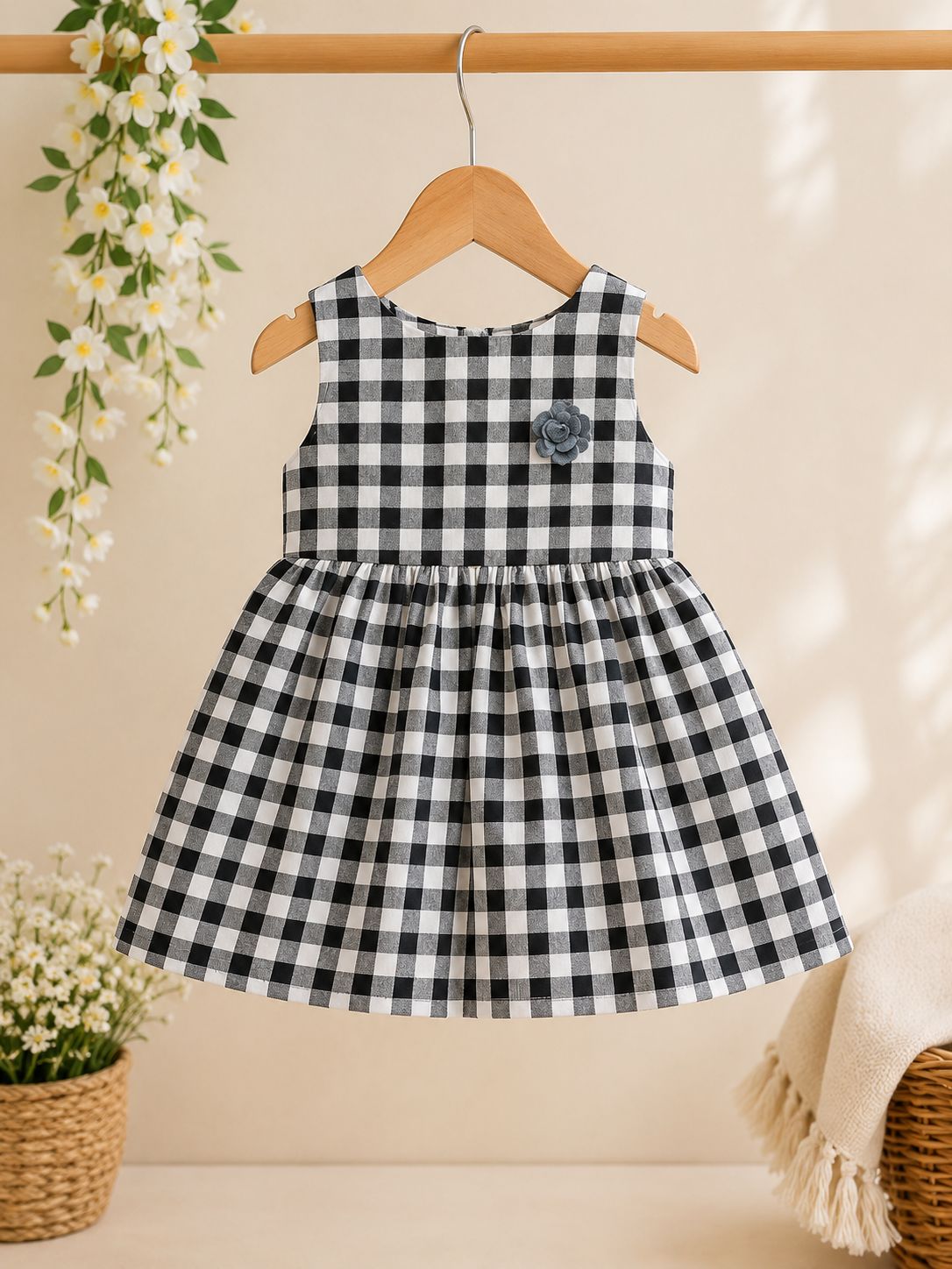 Girls Black & White Checked Cotton Sleeveless Dress with Floral Applique