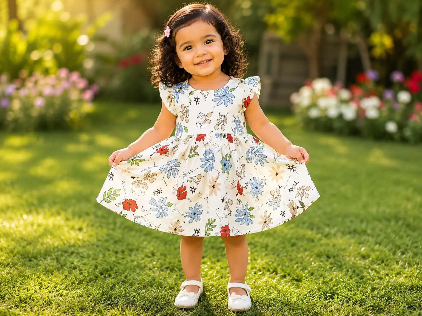 Girls Round neck line  White Multicolor Floral Printed Cotton Frock Dress
