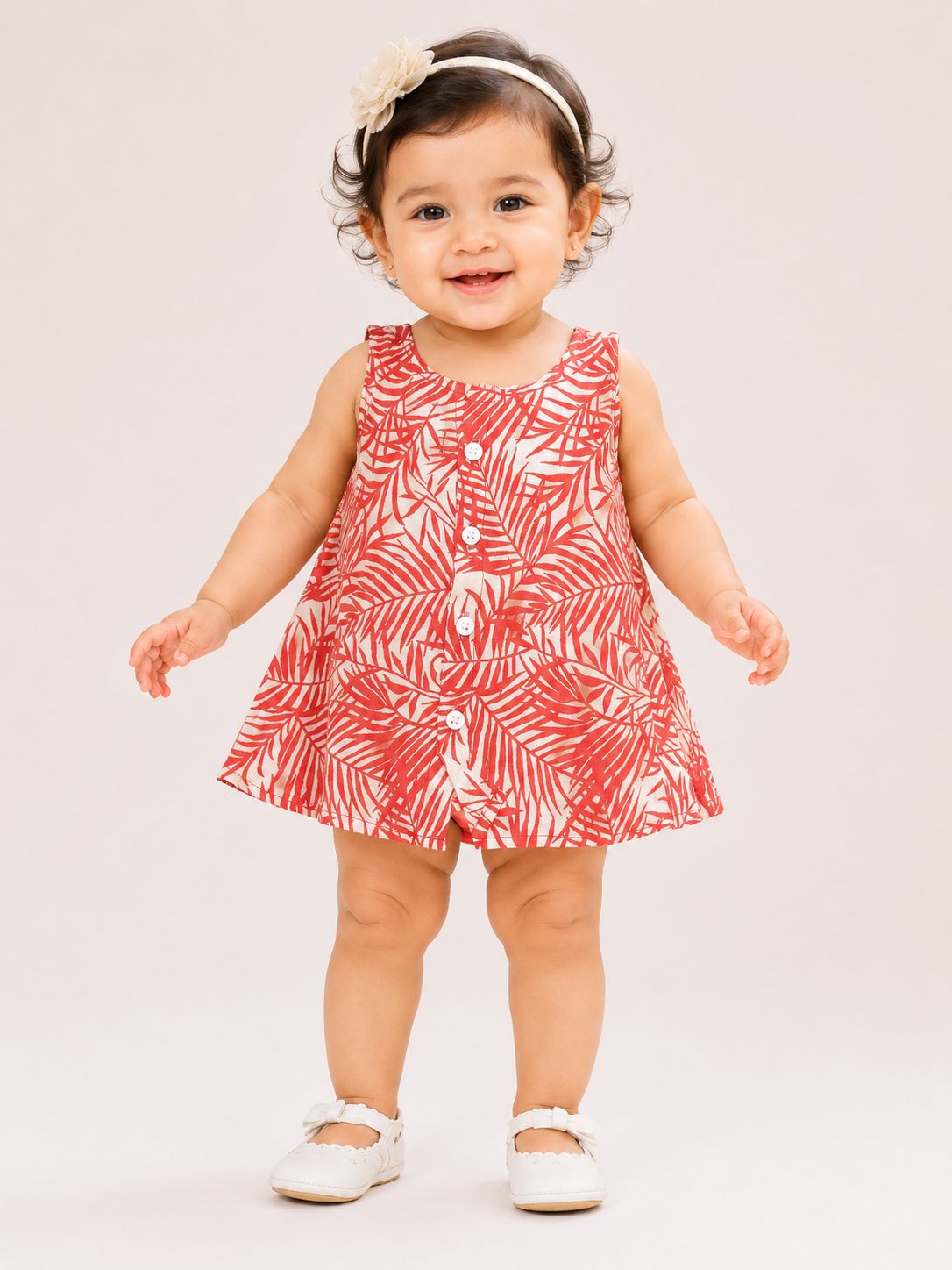 Girls round neck Coral Red Tropical Leaf Print Sleeveless A-Line Cotton  Frock