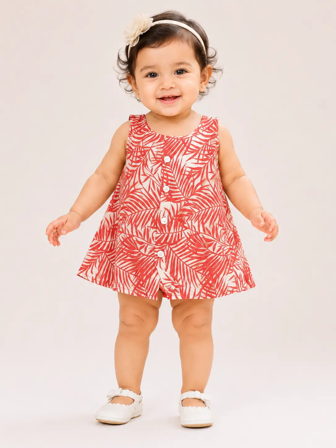 Girls round neck Coral Red Tropical Leaf Print Sleeveless A-Line Cotton  Frock