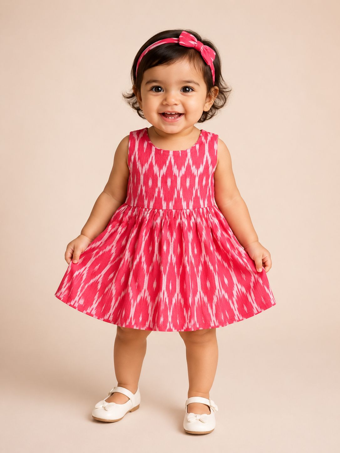 Girls Round neck Rose Pink Ikat Print Sleeveless Fit & Flare  cotton frock Dress