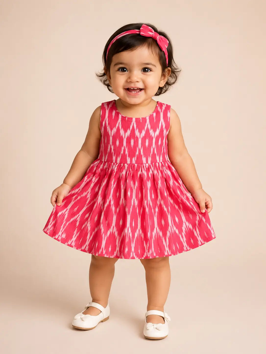 Girls Round neck Rose Pink Ikat Print Sleeveless Fit & Flare  cotton frock Dress