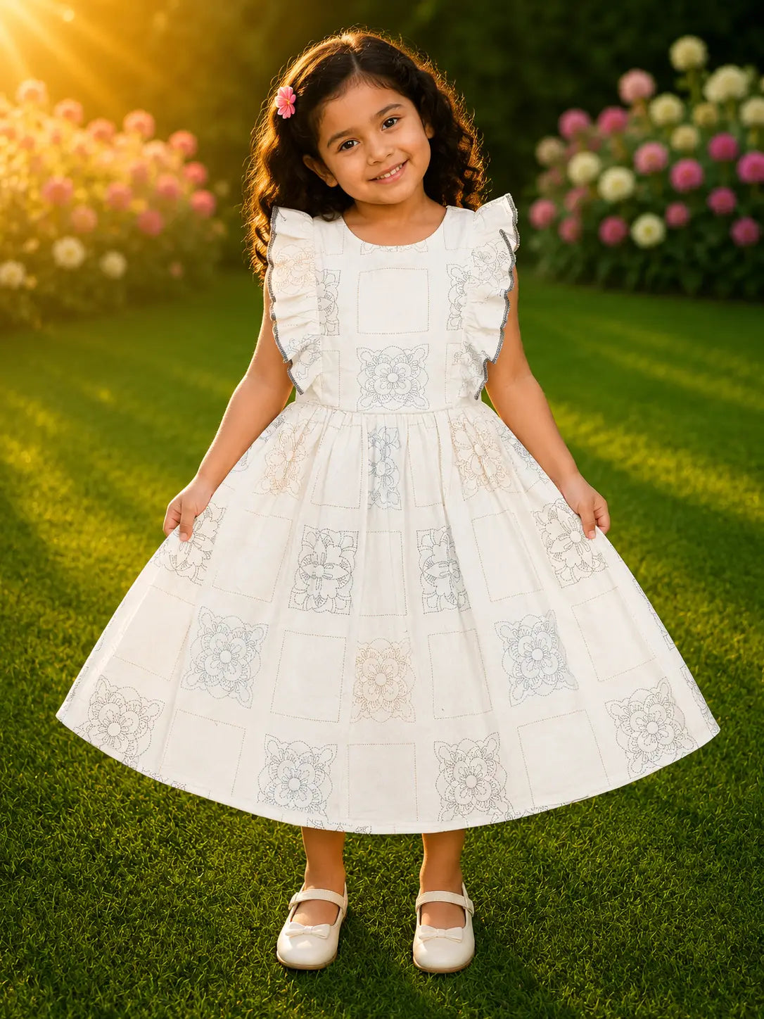 Girls round neckline  Ivory White Floral Print Ruffle Sleeve Cotton Frock
