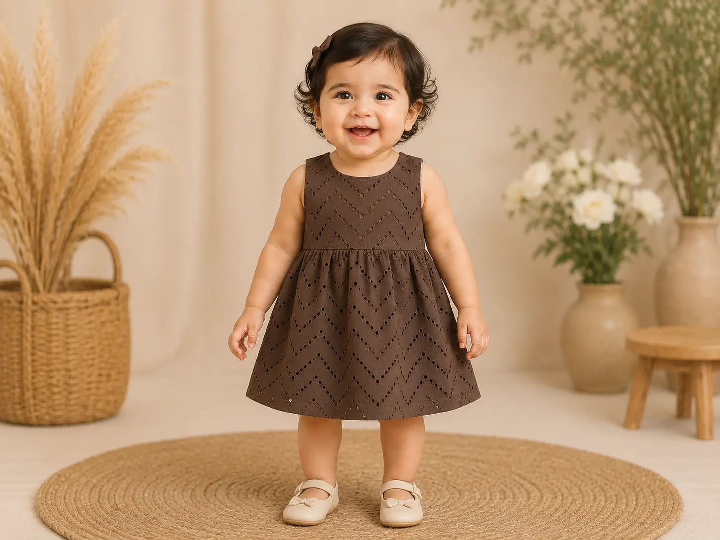 Baby Girls Round neck Coffee Brown Eyelet Embroidered Fit & Flare  Cotton frock Dress