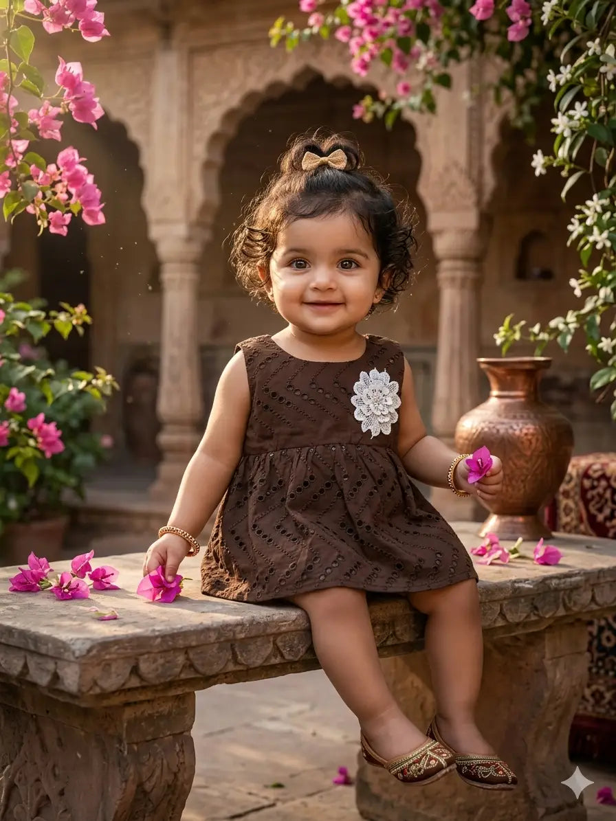 Girls Shirt collar Chocolate Brown Schiffli Embroidered Cotton Midi Frock