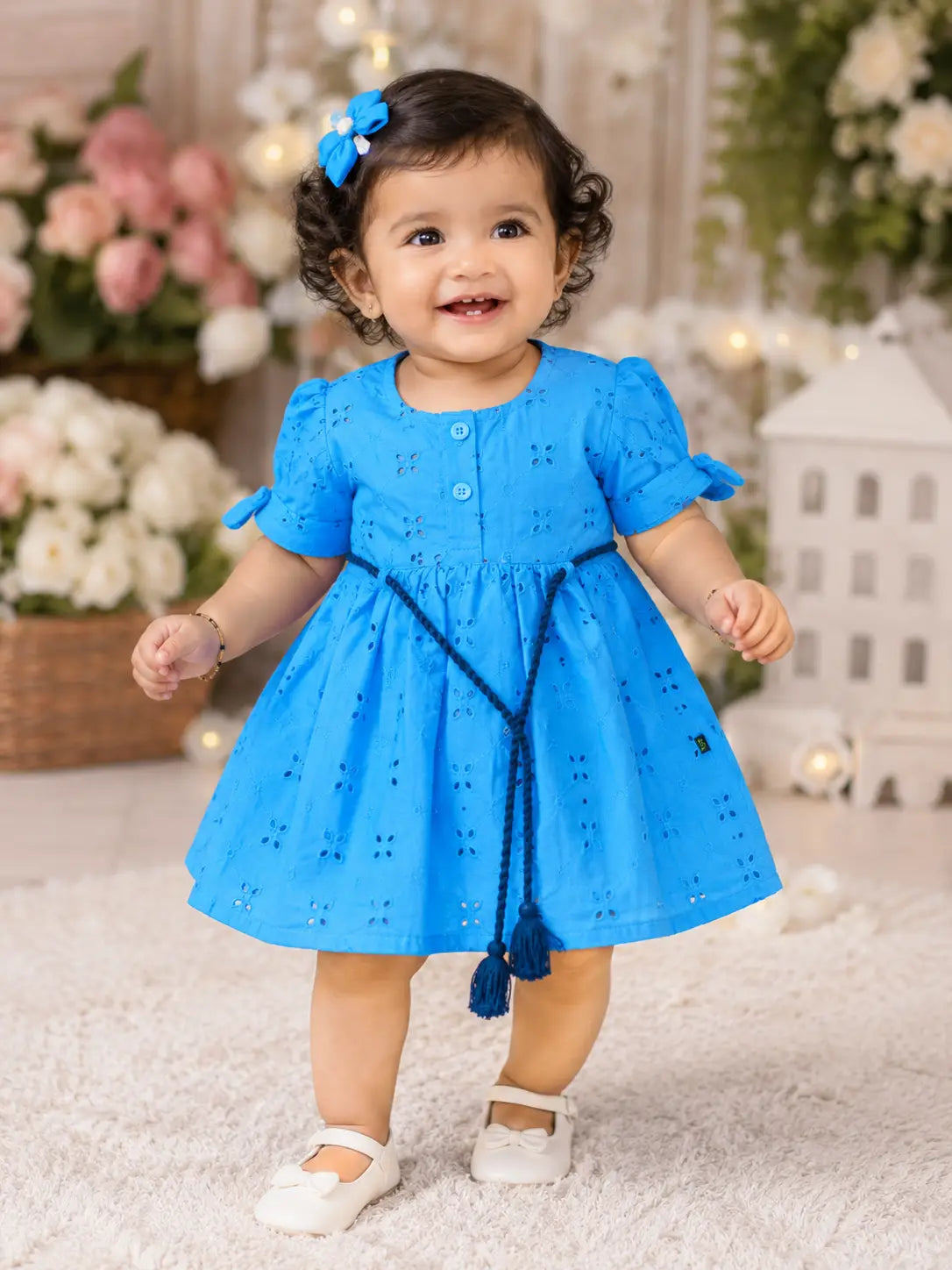 Girls Sky Blue Schiffli Embroidered Fit & Flare  cotton frock Dress with Waist Tassel Belt