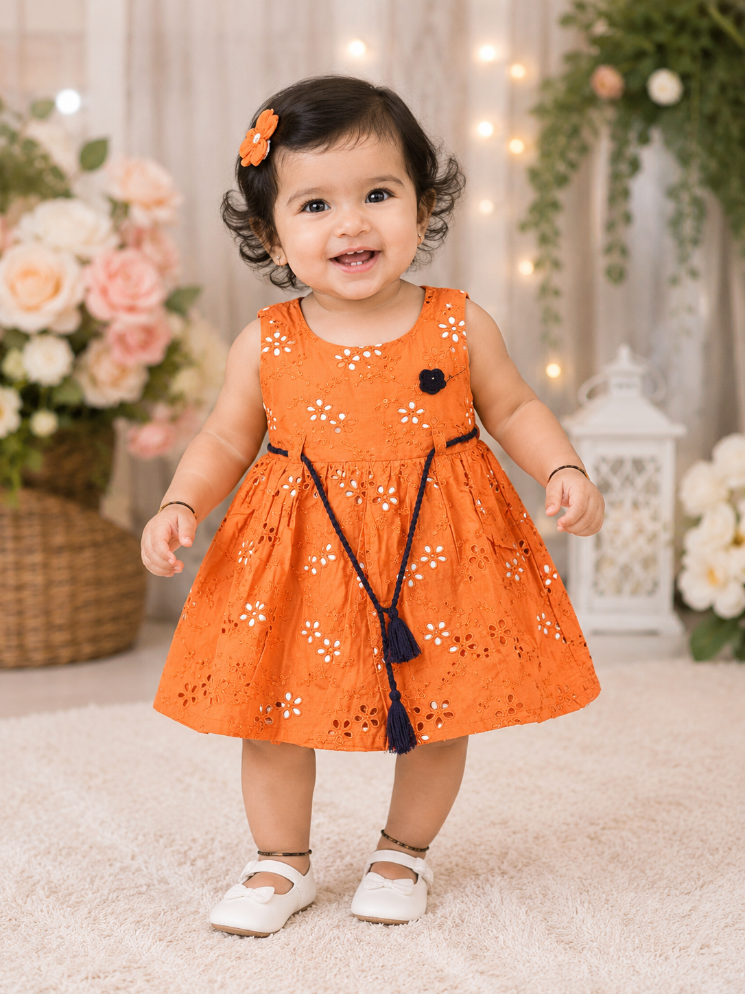Girls Peach Orange Embroidered Georgette Sleeveless Party Frock