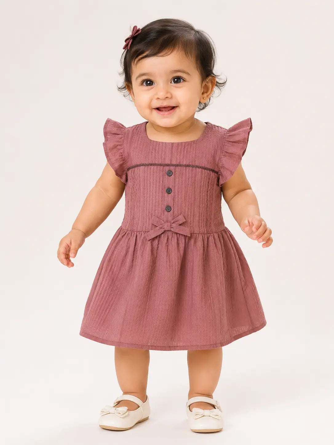 Girls Solid Brown Tiered Casual cotton frock Dress