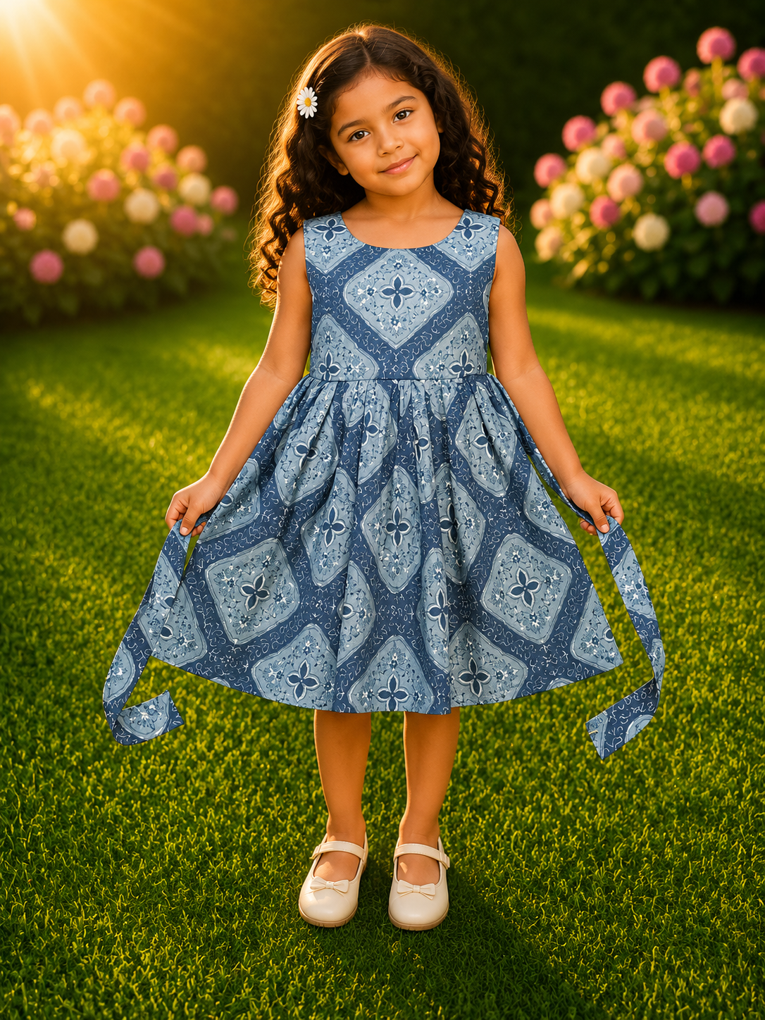 Young girl wearing a sleeveless blue dress with geometric pattern standing on green grass with flowers in the background