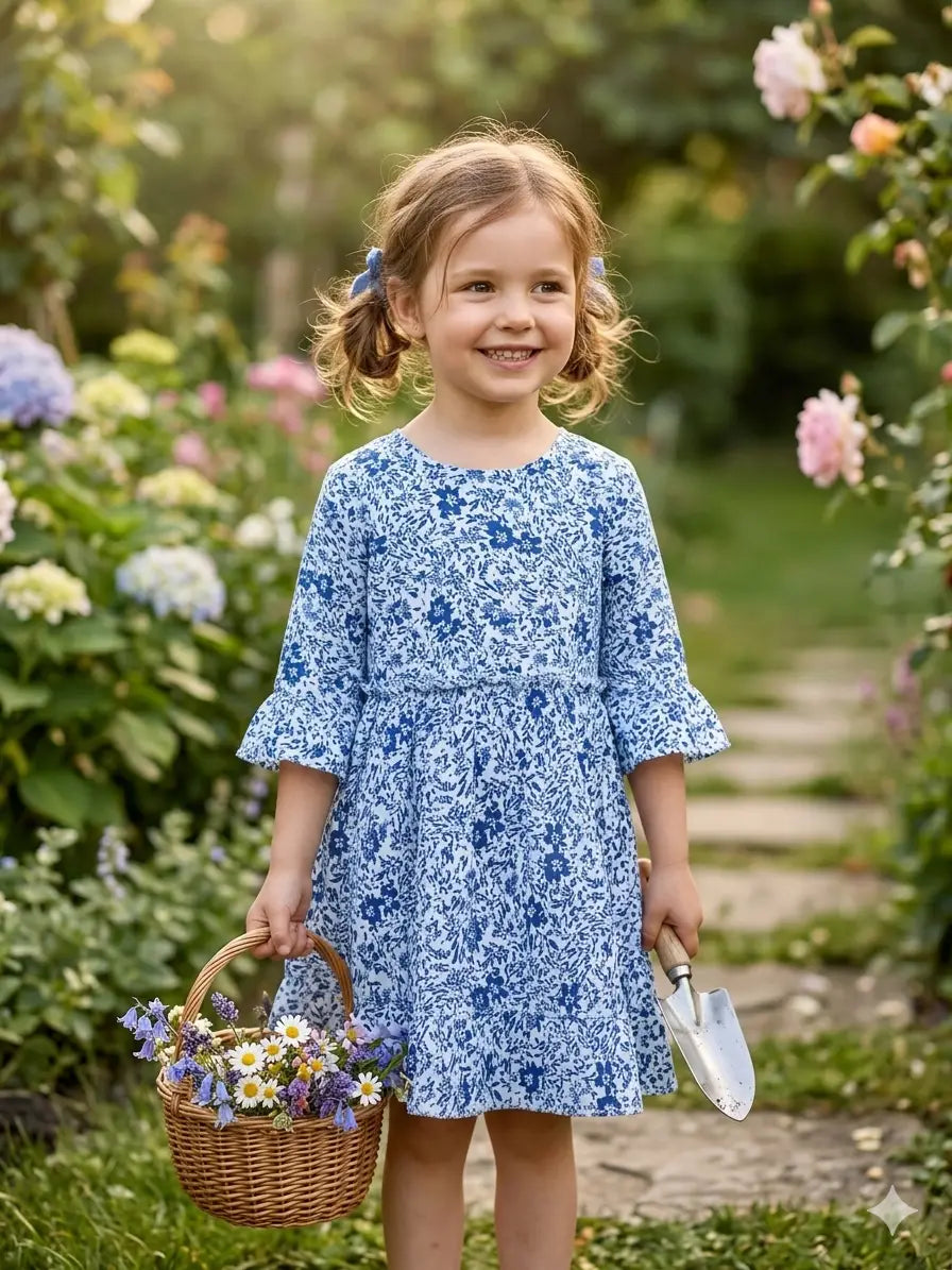Girls Sky Blue Floral Printed cotton Tiered Frock