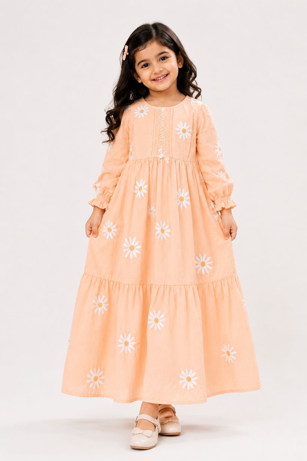 Baby Girls Round neckline Lavender Blue Floral Printed Party Wear rayon Frock with White Flower Applique