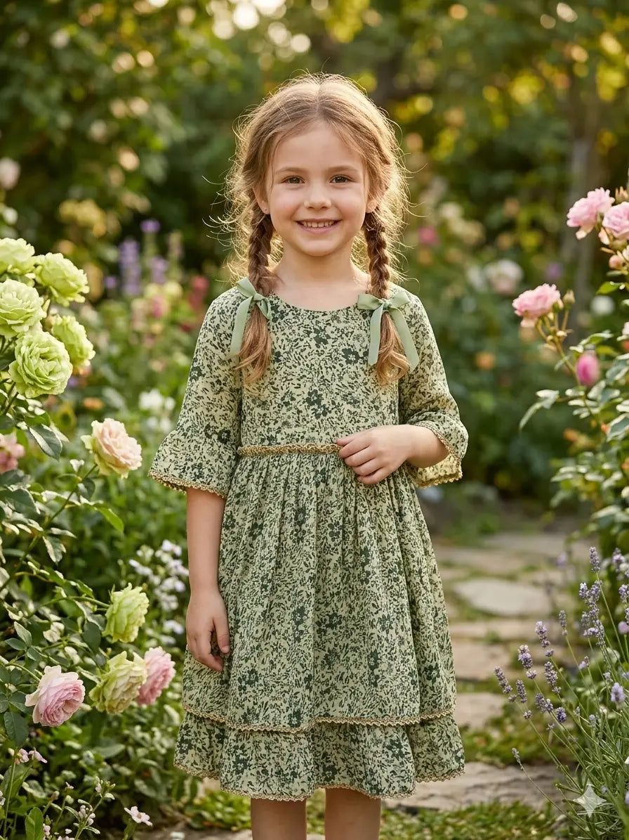 Girls sage green floral printed rayon tiered frock