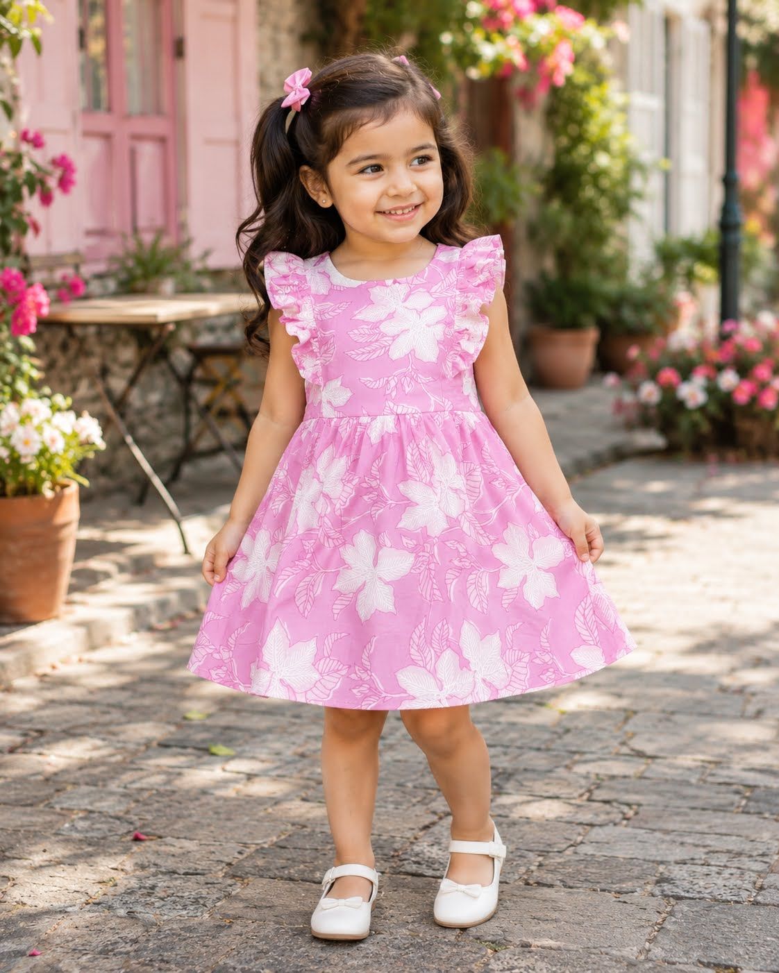 Girls Pink Floral Printed Cotton Dress with Ruffle Sleeves and Soft Lining