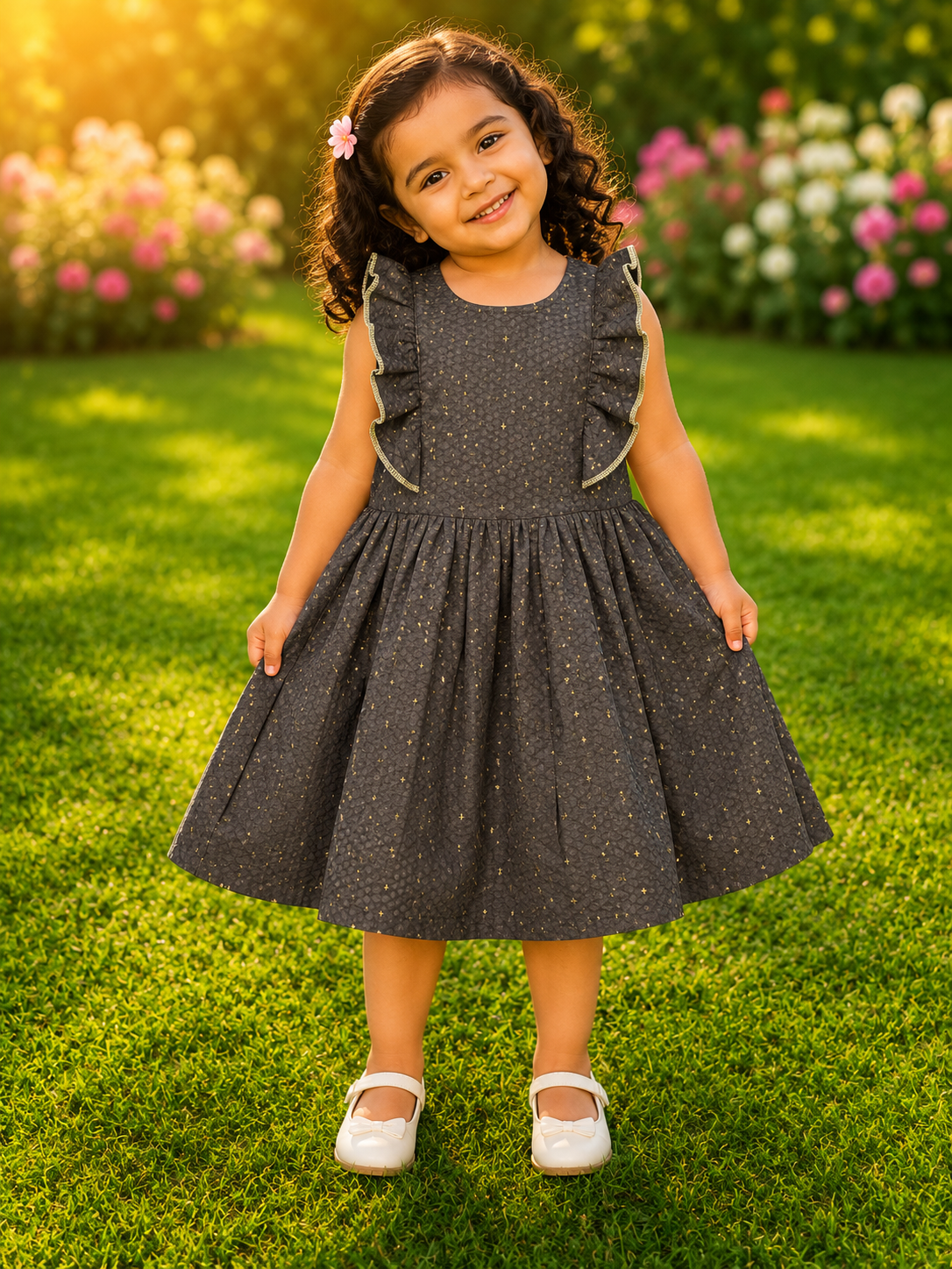 Smiling young girl wearing a black textured party dress with gold micro print and ruffle sleeves standing outdoors