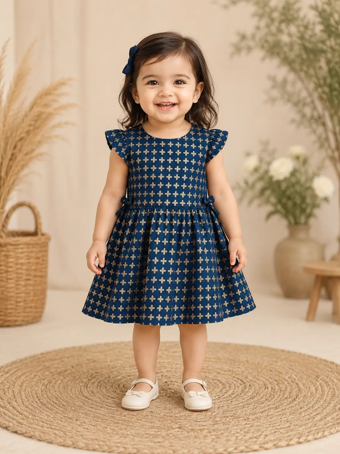 Baby Girls Round neck Royal Blue Printed Fit & Flare cotton frock