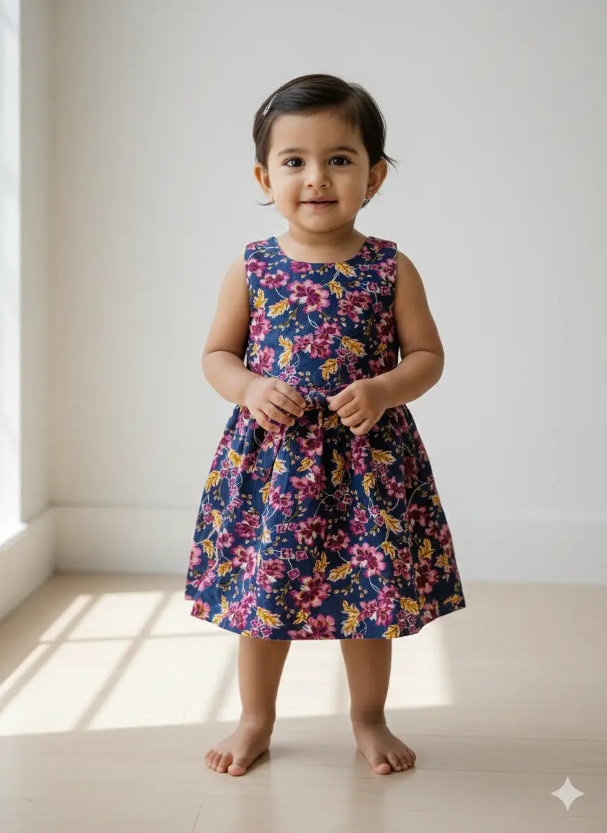 Girls Teal Blue Floral Printed cotton Fit & Flare  Frock with Cap Sleeves