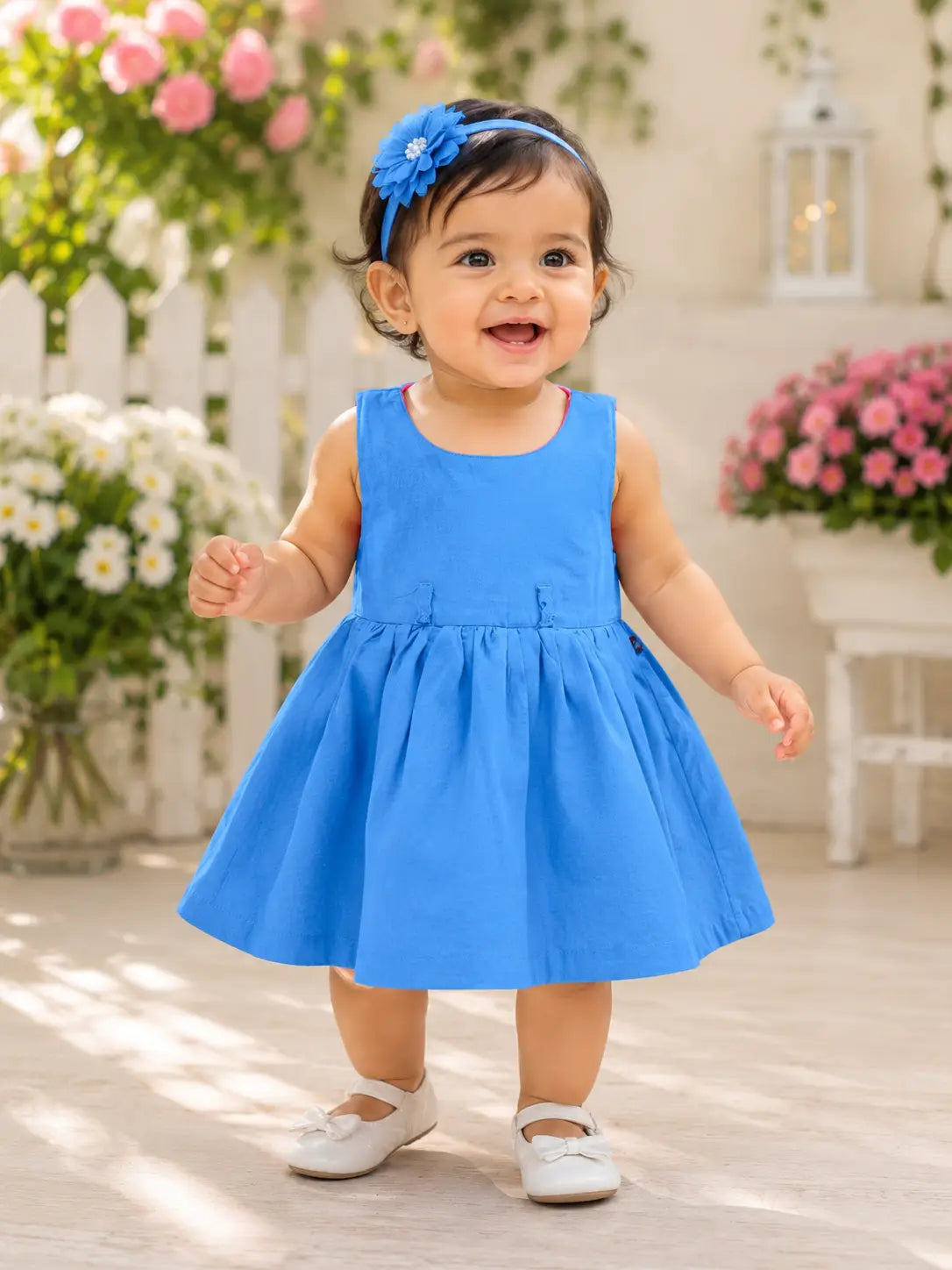Girls Sky Blue Sleeveless cotton Party Wear frock