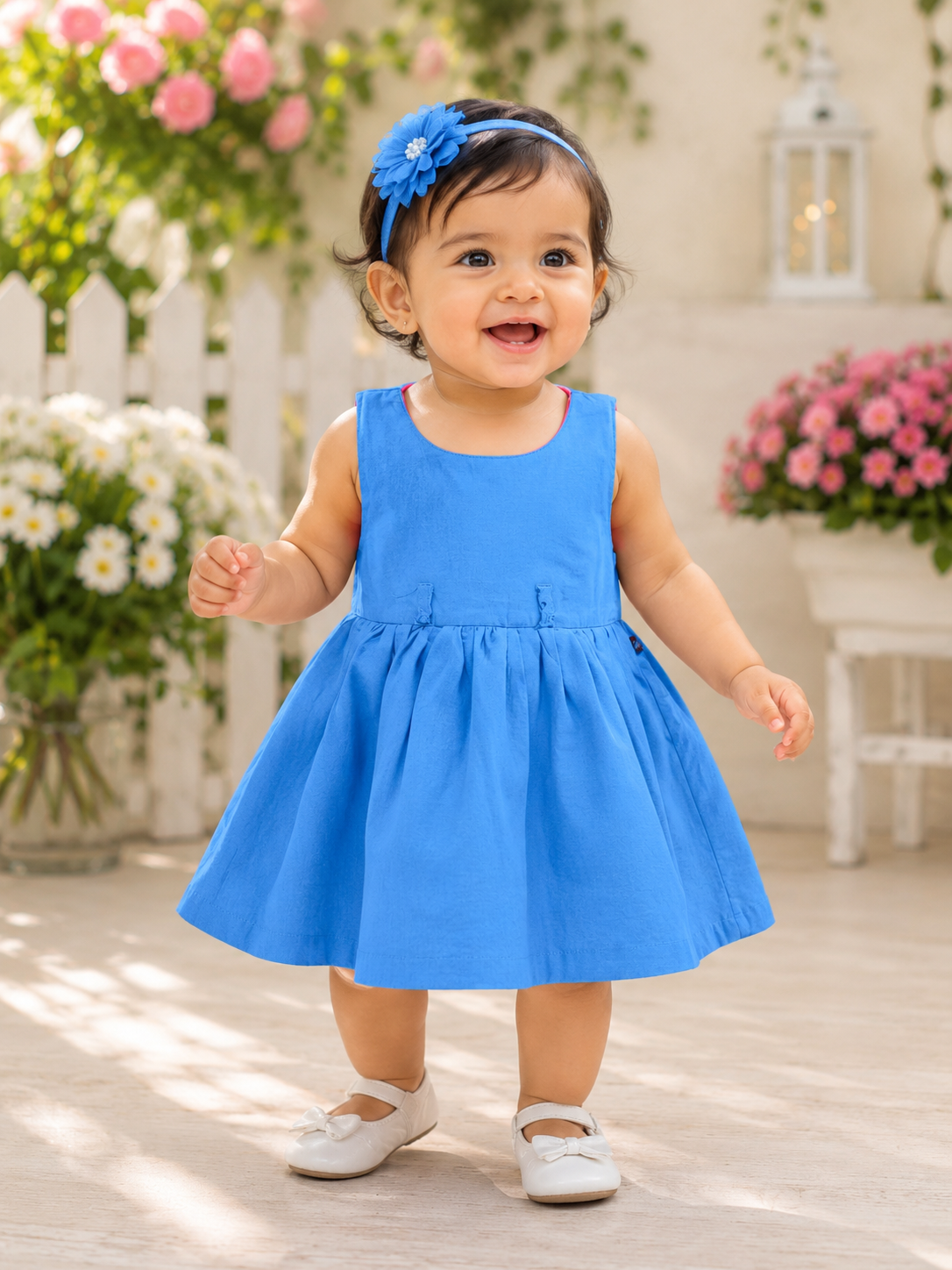 Girls Sky Blue Sleeveless cotton Party Wear frock