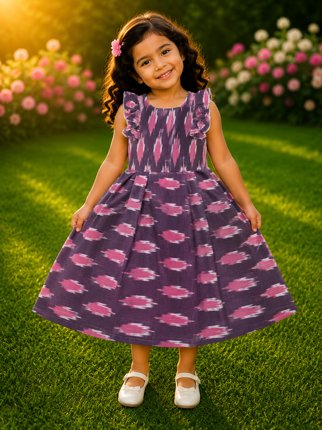 Girl wearing purple and pink ikat print sleeveless dress with ruffle shoulder details in a garden