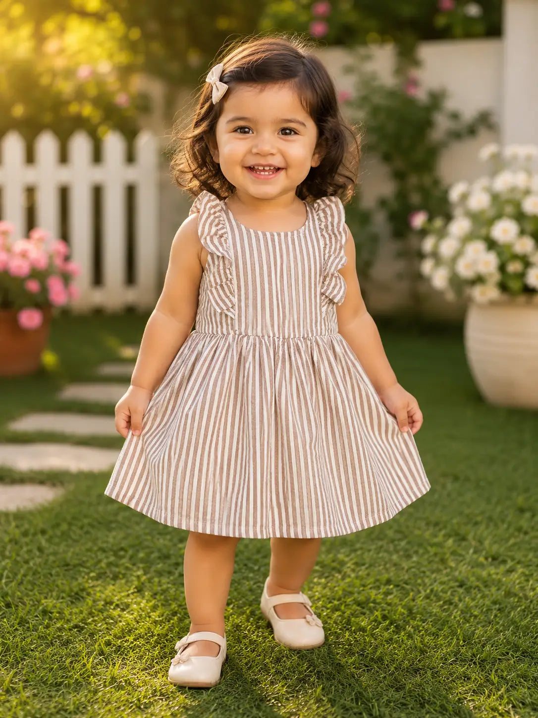 Girls round neckline  Beige Striped  Sleeveless Ruffle Fit & Flare cotton frock Dress
