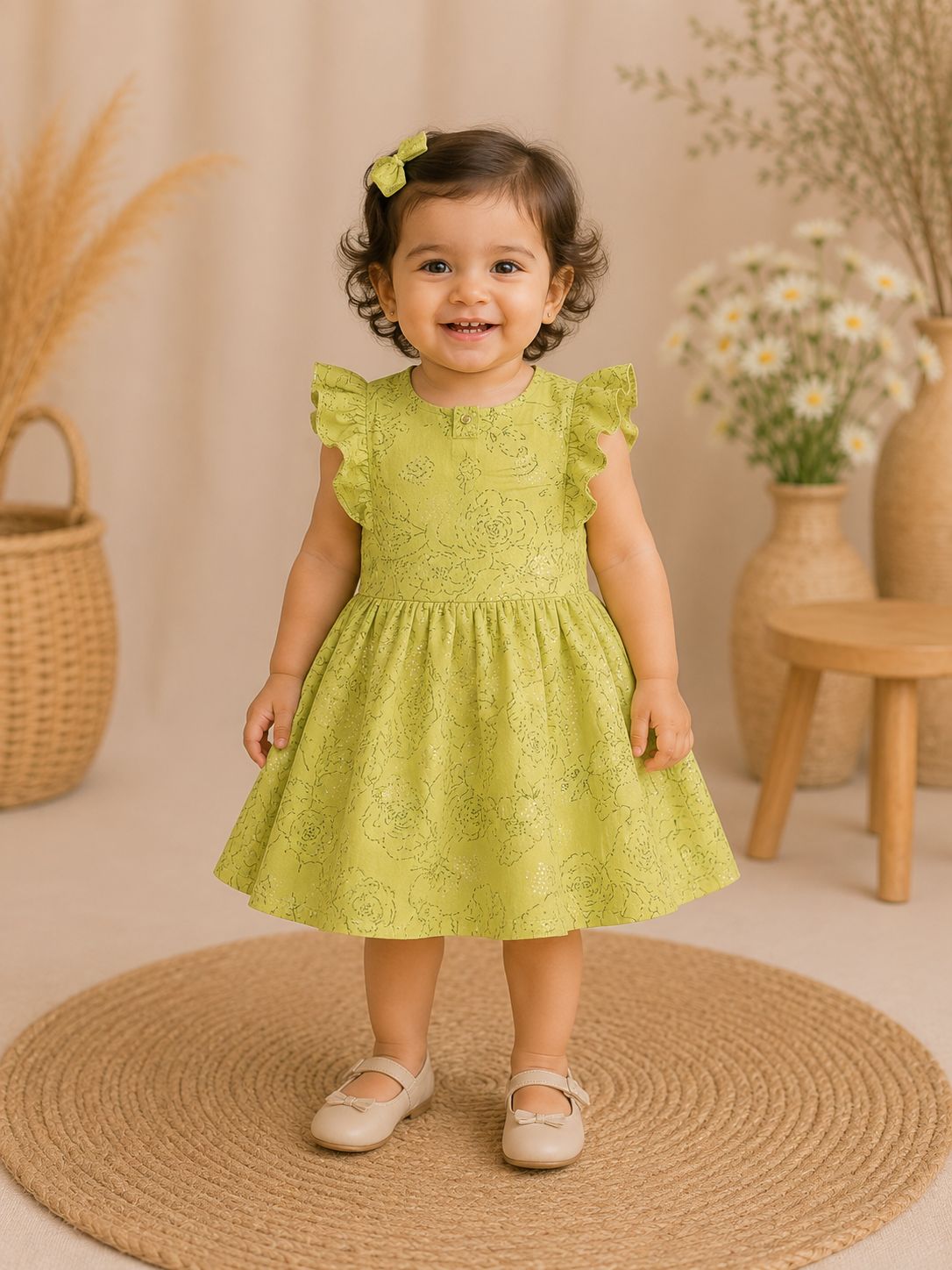Girls round neck line Pistachio Green Floral Printed cotton Sleeveless Party Dress