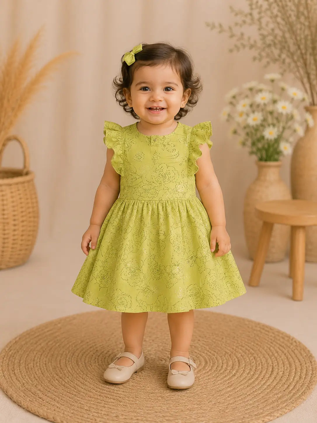 Girls round neck line Pistachio Green Floral Printed cotton Sleeveless Party Dress