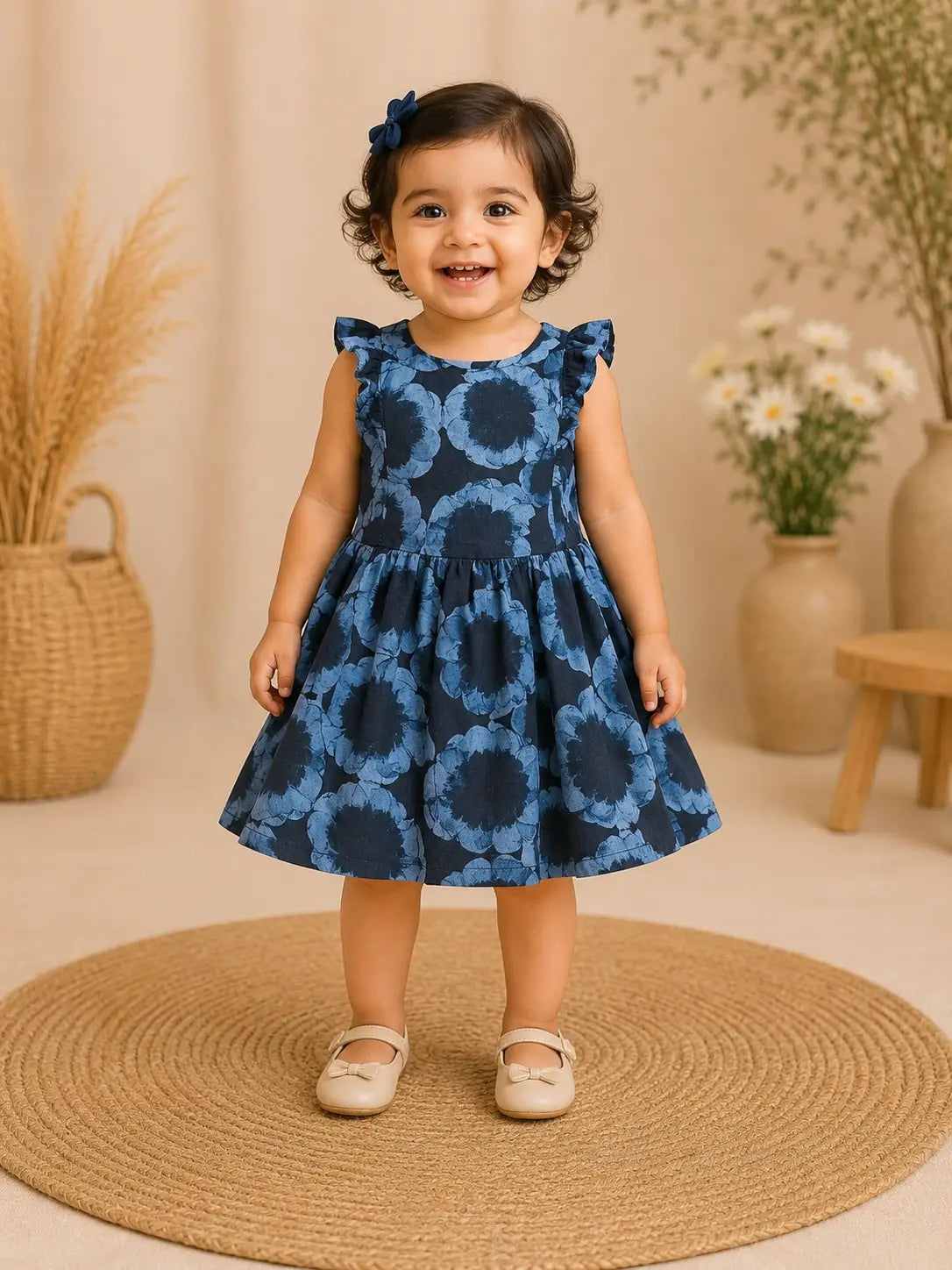 Girls Round neckline  Midnight Black Floral Print cotton frock Dress