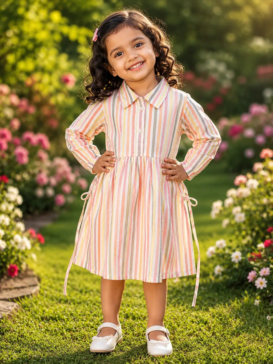 Girls  shirt collar neckline Pastel Striped Shirt Collar Cotton Frock