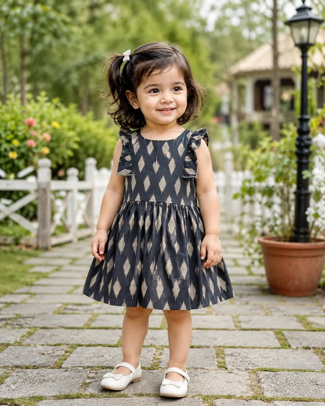 Girls Comfortable round neckline Charcoal Black Ikat Printed Cotton Frock Dress