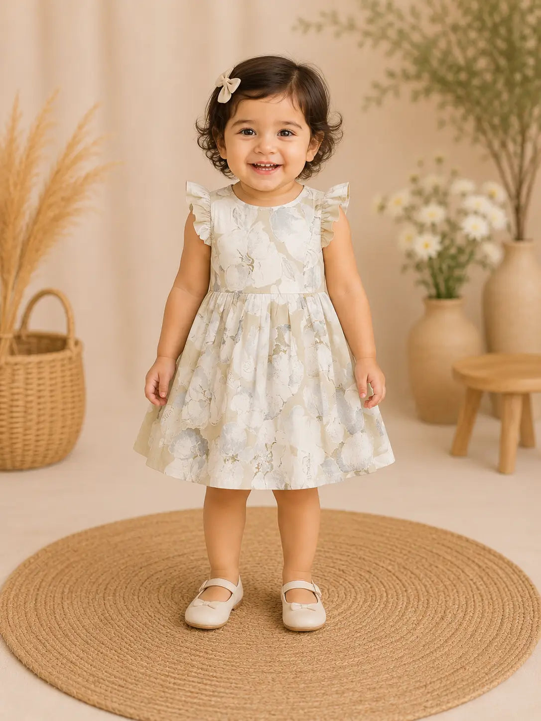 Girls round neckline Sage Green Floral Printed cotton  Sleeveless Party frock  Dress