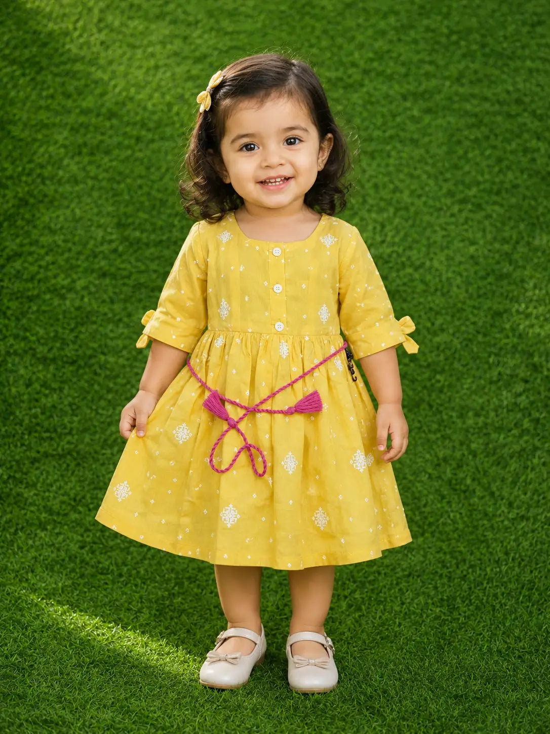 Girls Mustard Yellow Rayon Fit & Flare Square neckline  Frock with Tassel Belt