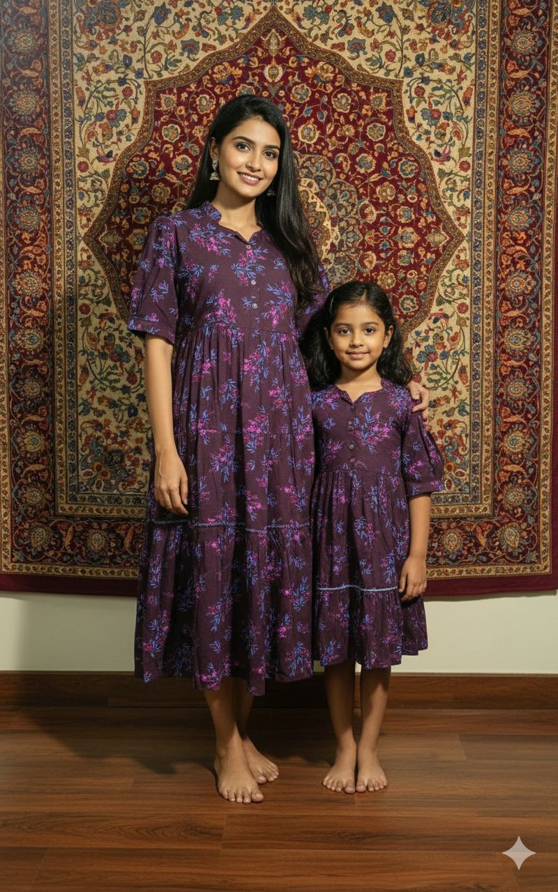 Girls Deep Plum Floral Printed cotton Tiered Frock with Puff Sleeves
