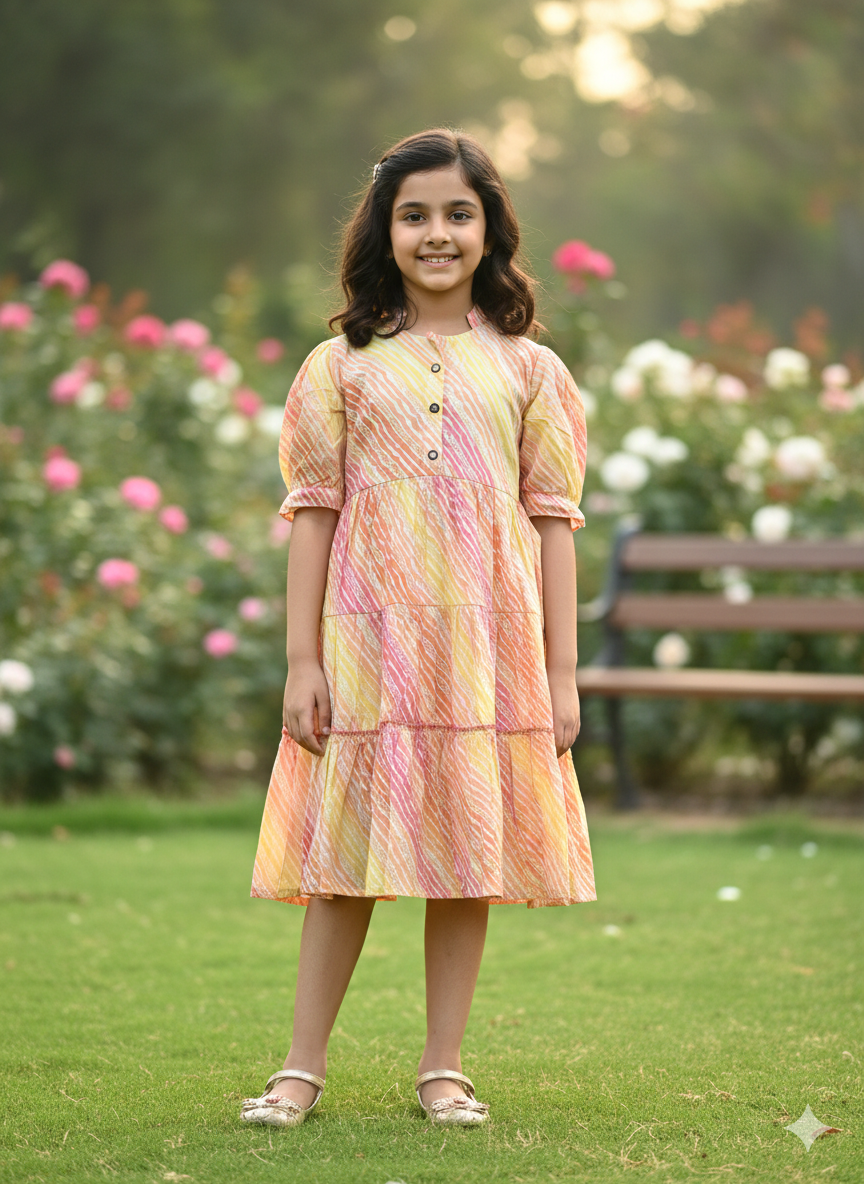 Girl wearing a multicolor casual frock with puffed half sleeves and a flared skirt standing outdoors in a garden