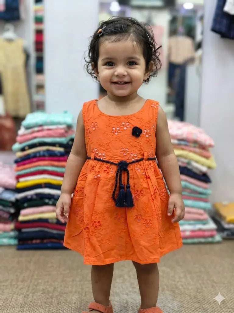 Girls Peach Orange Embroidered cotton Sleeveless Party Frock