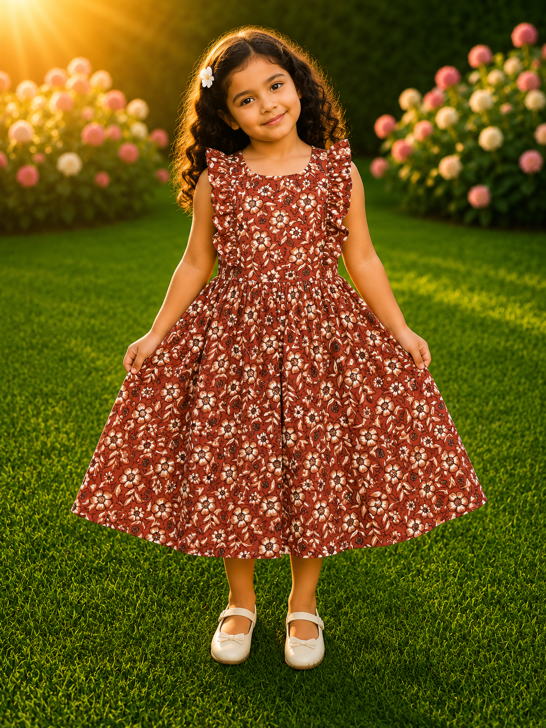 Young girl wearing a rust-colored floral print dress with ruffle sleeves standing on green grass in a garden setting