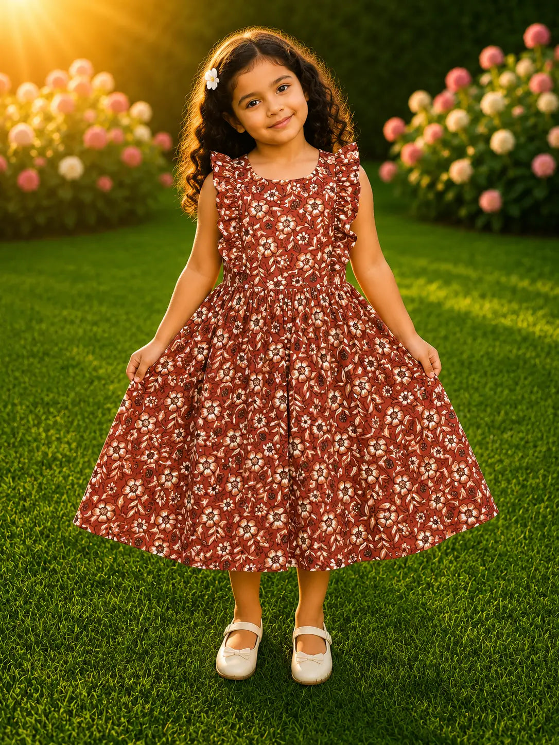 Girls Round neckline Rust Orange Floral Print Ruffle Sleeve Cotton Frock