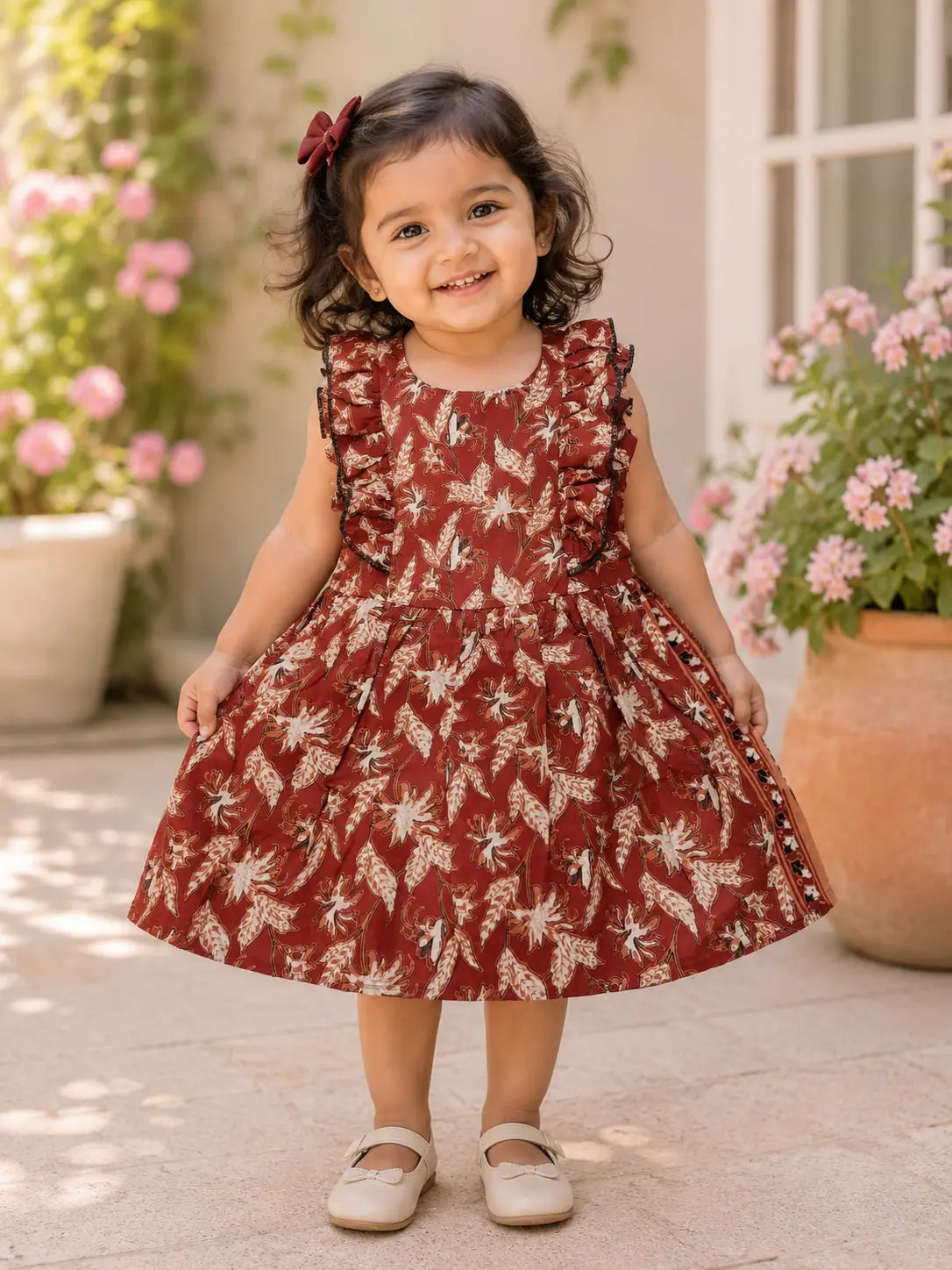 Girls Round neckline Rust Red Floral Print Ruffle Sleeve Fit & Flare cotton rock  Dress