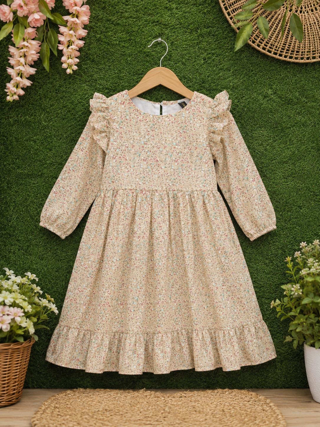 Girls Beige Floral Printed Rayon Maxi Dress with Puff Sleeves