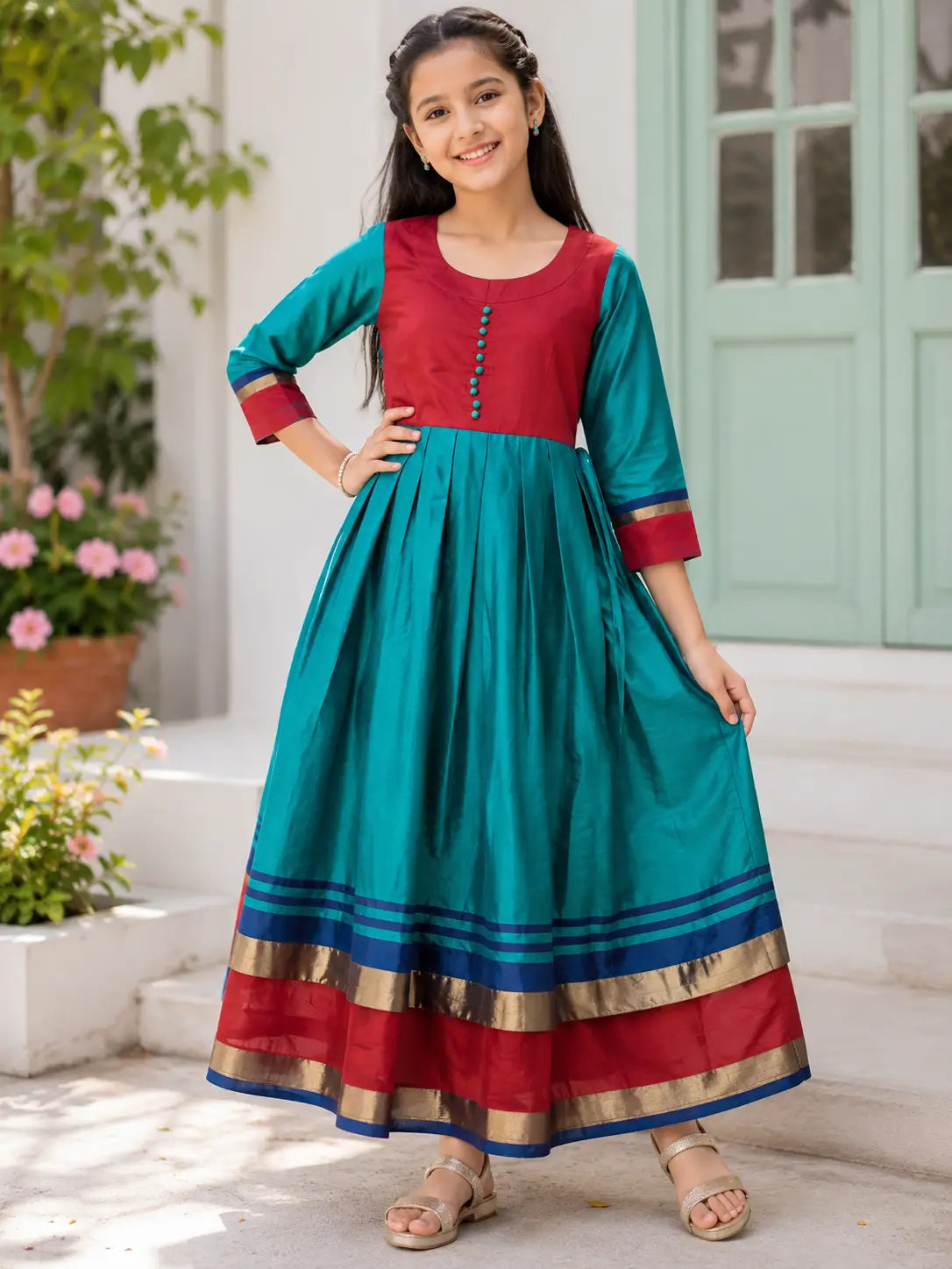 Girls Round Neckline Teal Green & Maroon  Traditional Party Wear Frock