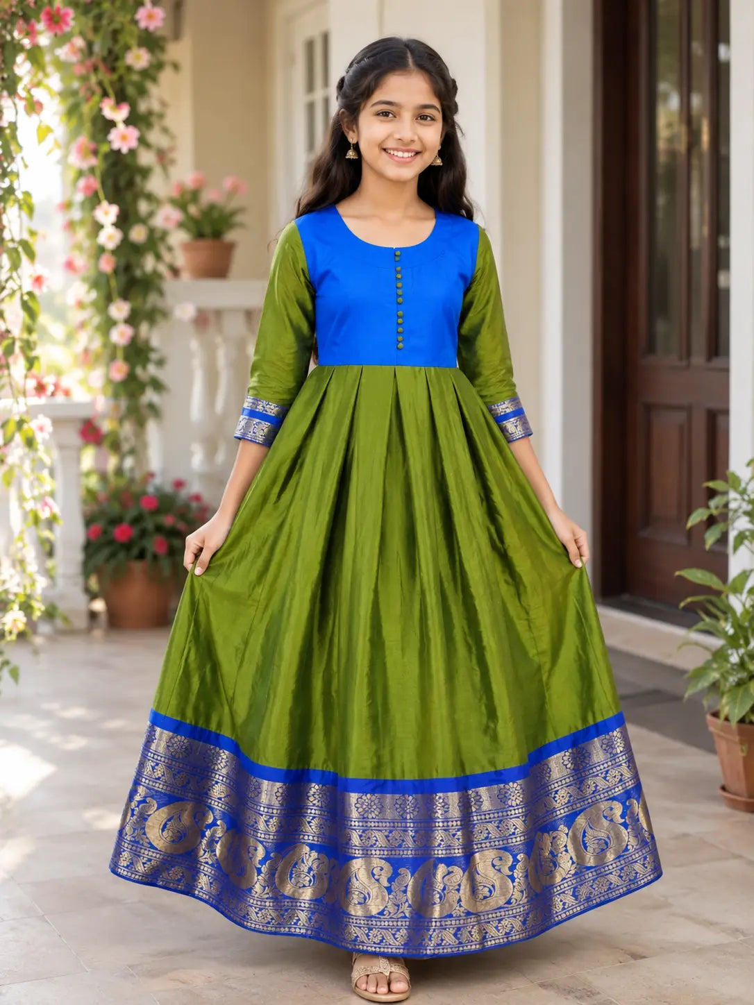 Kids Round Neckline Peacock Grace Ethnic rayon frockDress